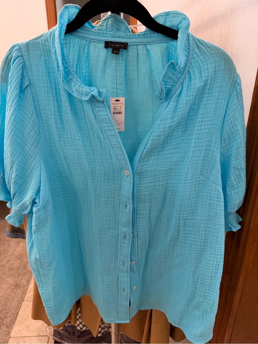 Talbots Aqua Blue Button-Front Cotton Gauze Blouse